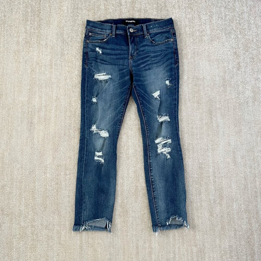 Express Blue Mid Rise Skinny Ankle Ripped Jeans 8